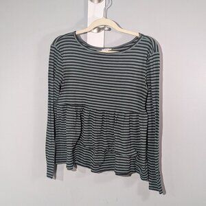Kimchi Blue Babydoll Top Green Black Striped Ribbed Knit Skirted Blouse